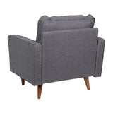 English Elm Mid-Century Modern Commercial Grade Armchair with Tufted Faux Linen Upholstery & Solid Wood Legs