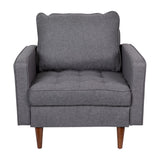 English Elm Mid-Century Modern Commercial Grade Armchair with Tufted Faux Linen Upholstery & Solid Wood Legs