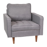 English Elm Mid-Century Modern Commercial Grade Armchair with Tufted Faux Linen Upholstery & Solid Wood Legs