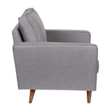 English Elm Mid-Century Modern Commercial Grade Armchair with Tufted Faux Linen Upholstery & Solid Wood Legs