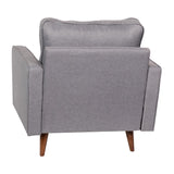 English Elm Mid-Century Modern Commercial Grade Armchair with Tufted Faux Linen Upholstery & Solid Wood Legs