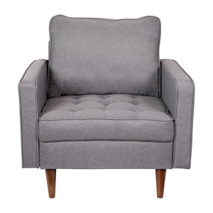 English Elm Mid-Century Modern Commercial Grade Armchair with Tufted Faux Linen Upholstery & Solid Wood Legs