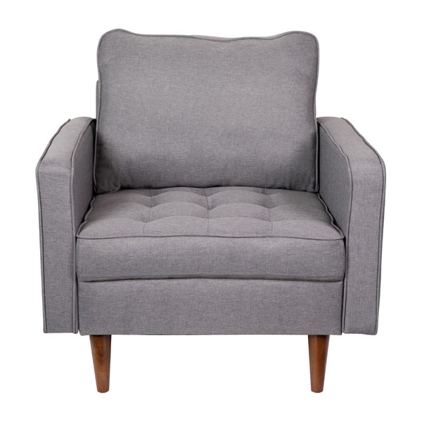 English Elm Mid-Century Modern Commercial Grade Armchair with Tufted Faux Linen Upholstery & Solid Wood Legs