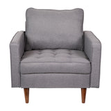 English Elm Mid-Century Modern Commercial Grade Armchair with Tufted Faux Linen Upholstery & Solid Wood Legs