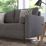 English Elm Mid-Century Modern Sofa with Tufted Faux Linen Upholstery & Solid Wood Legs