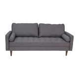 English Elm Mid-Century Modern Sofa with Tufted Faux Linen Upholstery & Solid Wood Legs