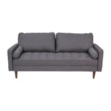 English Elm Mid-Century Modern Sofa with Tufted Faux Linen Upholstery & Solid Wood Legs