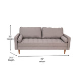 English Elm Mid-Century Modern Sofa with Tufted Faux Linen Upholstery & Solid Wood Legs