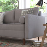 English Elm Mid-Century Modern Sofa with Tufted Faux Linen Upholstery & Solid Wood Legs