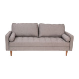 English Elm Mid-Century Modern Sofa with Tufted Faux Linen Upholstery & Solid Wood Legs