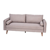 English Elm Mid-Century Modern Sofa with Faux Linen Fabric Upholstery & Solid Wood Legs