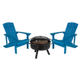 English Elm 3 Piece Commercial Commercial Poly Resin Wood Adirondack Chair Set with Fire Pit - Star and Moon Fire Pit with Mesh Cover