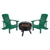 English Elm 3 Piece Commercial Poly Resin Wood Adirondack Chair Set with Fire Pit - Star and Moon Fire Pit with Mesh Cover