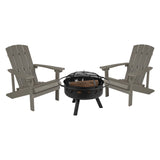 English Elm 3 Piece Commercial Poly Resin Wood Adirondack Chair Set with Fire Pit - Star and Moon Fire Pit with Mesh Cover