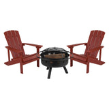 English Elm 3 Piece Commercial Poly Resin Wood Adirondack Chair Set with Fire Pit - Star and Moon Fire Pit with Mesh Cover