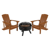 English Elm 3 Piece Commercial Poly Resin Wood Adirondack Chair Set with Fire Pit - Star and Moon Fire Pit with Mesh Cover