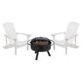 English Elm 3 Piece Commercial Poly Resin Wood Adirondack Chair Set with Fire Pit - Star and Moon Fire Pit with Mesh Cover