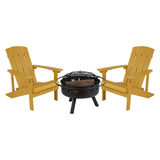 English Elm 3 Piece Commercial Commercial Poly Resin Wood Adirondack Chair Set with Fire Pit - Star and Moon Fire Pit with Mesh Cover