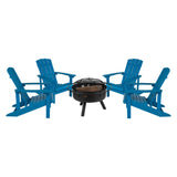 English Elm 5 Piece Commercial Poly Resin Wood Adirondack Chair Set with Fire Pit - Star and Moon Fire Pit with Mesh Cover