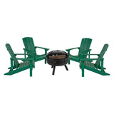 English Elm 5 Piece Commercial Poly Resin Wood Adirondack Chair Set with Fire Pit - Star and Moon Fire Pit with Mesh Cover