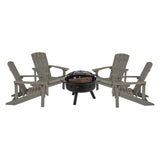 English Elm 5 Piece Commercial Poly Resin Wood Adirondack Chair Set with Fire Pit - Star and Moon Fire Pit with Mesh Cover