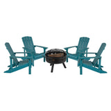 English Elm 5 Piece Commercial Poly Resin Wood Adirondack Chair Set with Fire Pit - Star and Moon Fire Pit with Mesh Cover