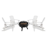 English Elm 5 Piece Commercial Poly Resin Wood Adirondack Chair Set with Fire Pit - Star and Moon Fire Pit with Mesh Cover