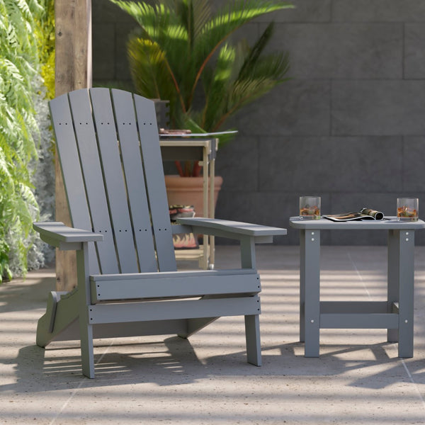 English Elm Commercial Grade 2 Pack Commercial All-Weather Poly Resin Folding Adirondack Chairs with Side Table