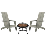 English Elm Sawyer - Set of 2 Modern Sawyer Commercial All-Weather 2-Slat Poly Resin Adirondack Chairs with 22" Round Wood Burning Fire Pit