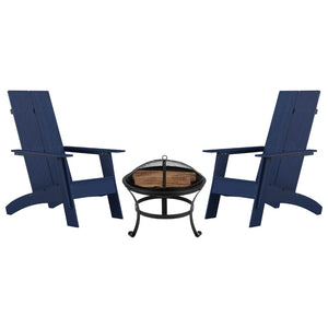 English Elm Sawyer - Set of 2 Modern Sawyer Commercial All-Weather 2-Slat Poly Resin Adirondack Chairs with 22" Round Wood Burning Fire Pit