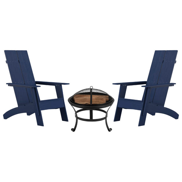 English Elm Sawyer - Set of 2 Modern Sawyer Commercial All-Weather 2-Slat Poly Resin Adirondack Chairs with 22" Round Wood Burning Fire Pit