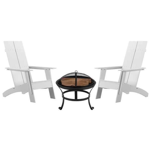 English Elm Sawyer - Set of 2 Modern Sawyer Commercial All-Weather 2-Slat Poly Resin Adirondack Chairs with 22" Round Wood Burning Fire Pit
