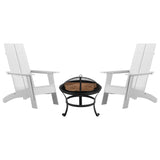 English Elm Sawyer - Set of 2 Modern Sawyer Commercial All-Weather 2-Slat Poly Resin Adirondack Chairs with 22" Round Wood Burning Fire Pit