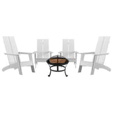 English Elm Sawyer Set of 4 Modern Sawyer Commercial All-Weather 2-Slat Poly Resin Adirondack Chairs with 22" Round Wood Burning Fire Pit