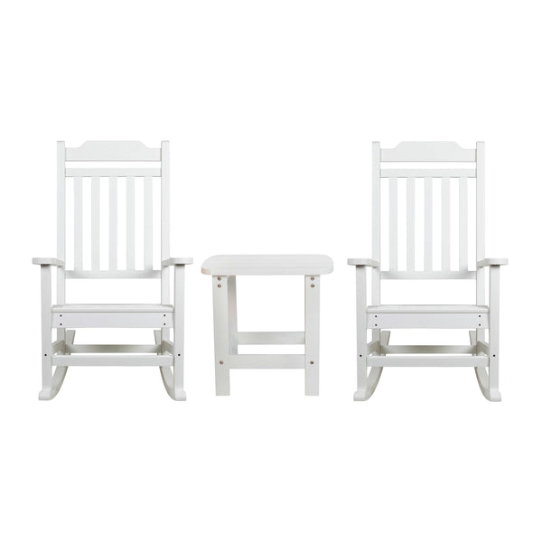 English Elm - Set of 2 All-Weather Poly Resin Rocking Chairs with Accent Side Table
