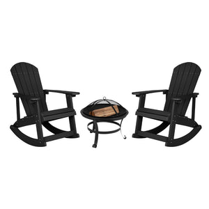 English Elm - Set of 2 Commercial Grade All-Weather Poly Resin Wood Adirondack Rocking Chairs with 22" Round Wood Burning Fire Pit