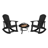 English Elm - Set of 2 Commercial Grade All-Weather Poly Resin Wood Adirondack Rocking Chairs with 22" Round Wood Burning Fire Pit