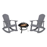 English Elm - Set of 2 Commercial Grade All-Weather Poly Resin Wood Adirondack Rocking Chairs with 22" Round Wood Burning Fire Pit