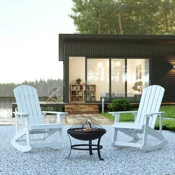 English Elm - Set of 2 Commercial Grade All-Weather Poly Resin Wood Adirondack Rocking Chairs with 22" Round Wood Burning Fire Pit