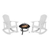 English Elm - Set of 2 Commercial Grade All-Weather Poly Resin Wood Adirondack Rocking Chairs with 22" Round Wood Burning Fire Pit