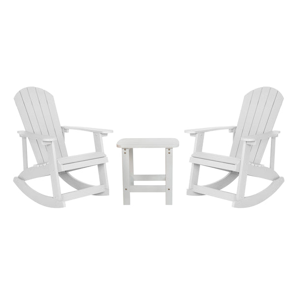 English Elm - Set of 2 Commercial Grade All-Weather Poly Resin Wood Adirondack Rocking Chairs with Side Table