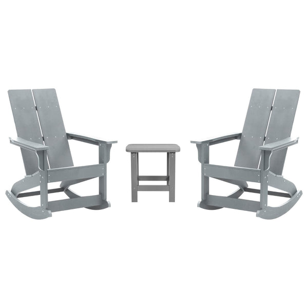 English Elm - Set of 2 Modern Commercial Grade All-Weather 2-Slat Poly Resin Rocking Adirondack Chairs with Matching Side Table