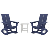 English Elm - Set of 2 Navy Modern Commercial Grade All-Weather 2-Slat Poly Resin Rocking Adirondack Chairs with Complementary White Side Table