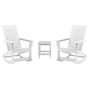 English Elm - Set of 2 Modern Commercial Grade All-Weather 2-Slat Poly Resin Rocking Adirondack Chairs with Matching Side Table