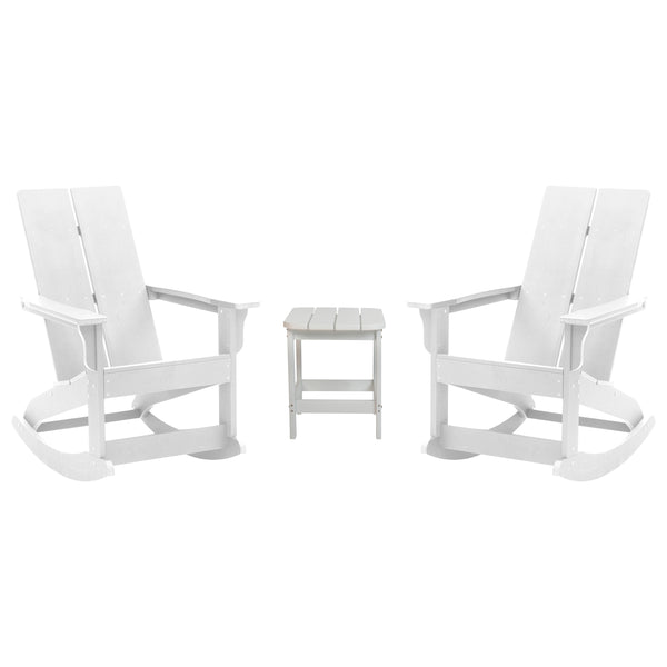 English Elm - Set of 2 Modern Commercial Grade All-Weather 2-Slat Poly Resin Rocking Adirondack Chairs with Matching Side Table