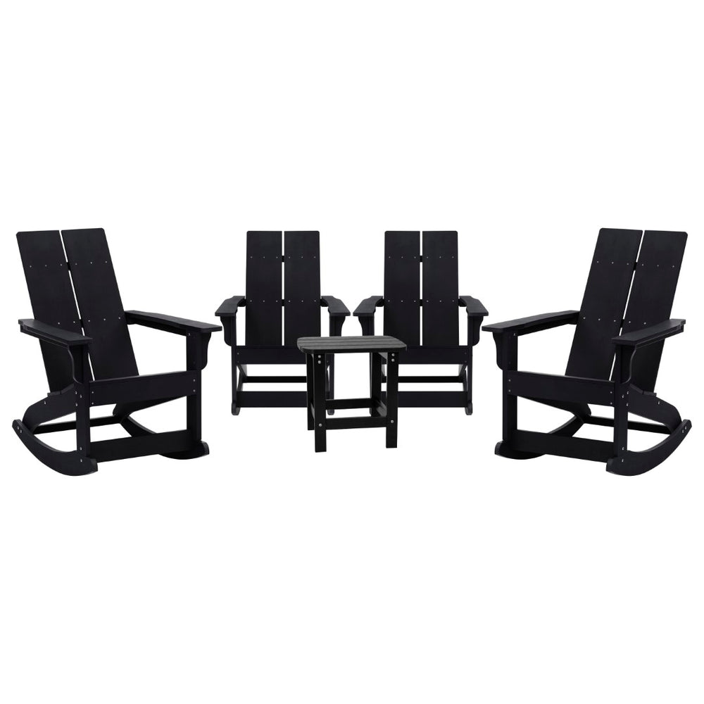 English Elm Set of 4 Modern Commercial Grade All-Weather 2-Slat Poly Resin Rocking Adirondack Chairs with Matching Side Table