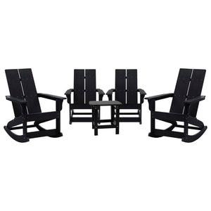 English Elm Set of 4 Modern Commercial Grade All-Weather 2-Slat Poly Resin Rocking Adirondack Chairs with Matching Side Table