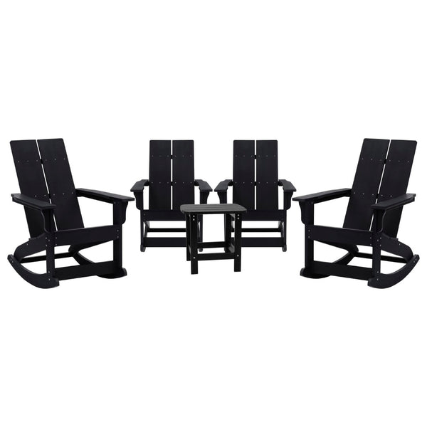 English Elm Set of 4 Modern Commercial Grade All-Weather 2-Slat Poly Resin Rocking Adirondack Chairs with Matching Side Table