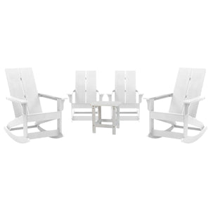 English Elm Set of 4 Modern Commercial Grade All-Weather 2-Slat Poly Resin Rocking Adirondack Chairs with Matching Side Table