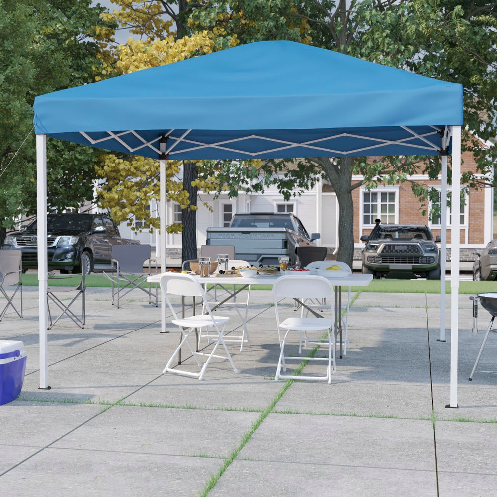 English Elm Commercial Grade Otis Portable Tailgate/Event Tent Set - 10'x10' Pop Up Canopy Tent, 6-Foot Bi-Fold Table, Set of 4 White Folding Chairs